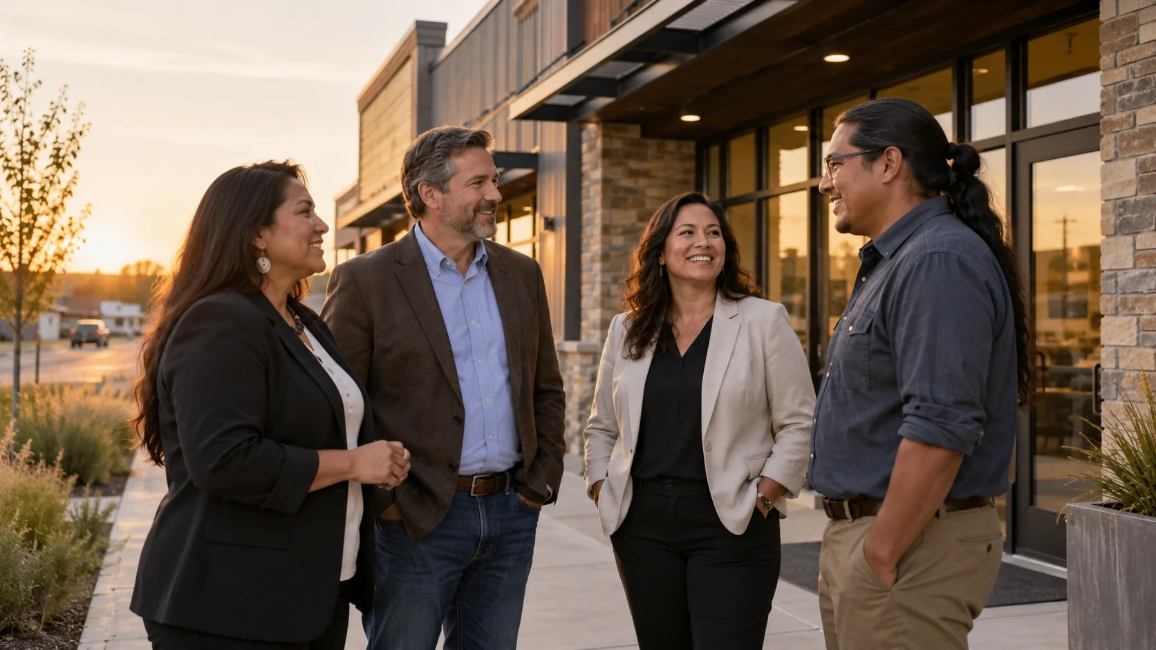 Professionals meeting outside a commercial building