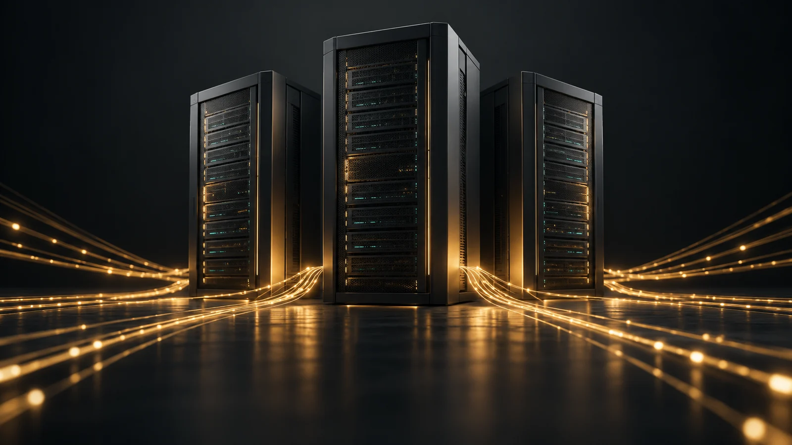 Concept illustration of locally managed AI computing towers connected by gold light trails.