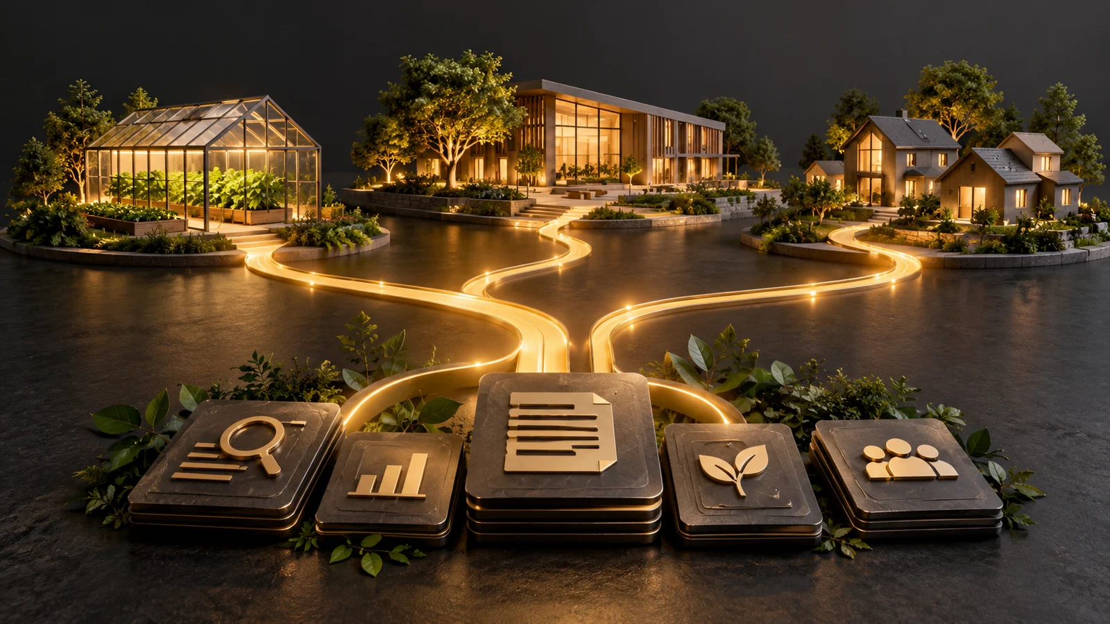 Concept illustration connecting research tiles to models of a greenhouse, community building, and homes.